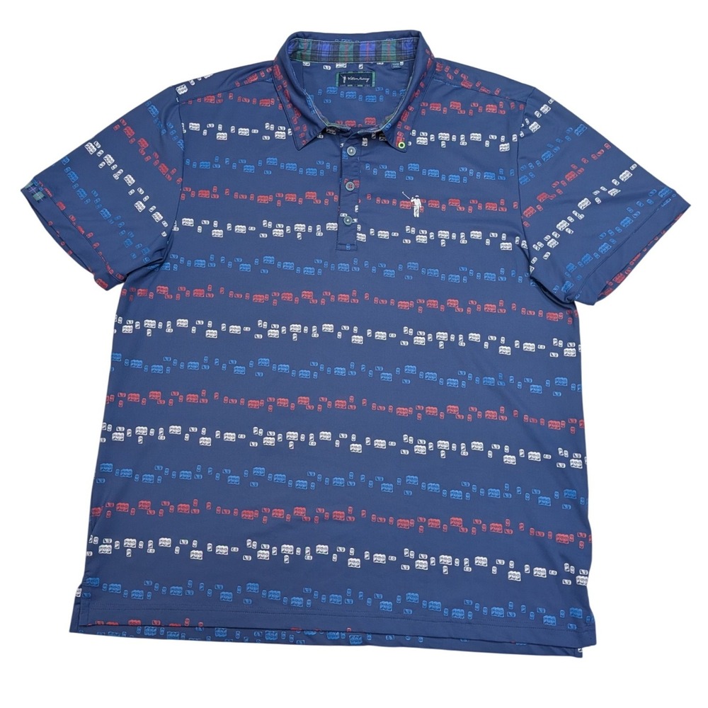 William Murray Golf Polo XL Navy Beer Can Print Poly Spandex Mens Shirt